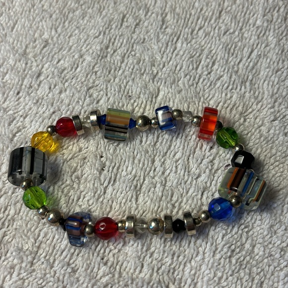 Bundle of 2 beaded bracelets, multicolor cross pendants. Each is 8” stretchy - Picture 4 of 5